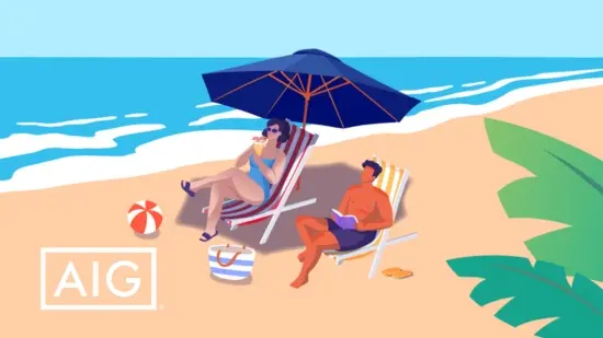 Cartoon-style graphic of a couple sunbathing by the ocean, with white AIG logo overlaid on it.