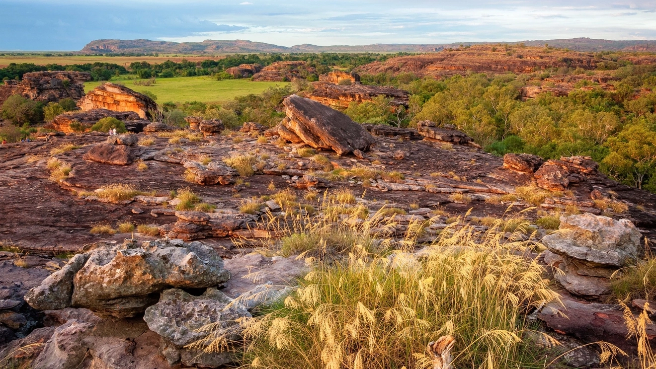 View across floodplains from rocky escarpment Ubirr in Kakadu National Park.