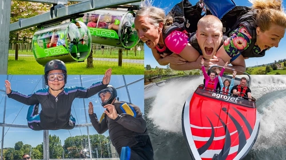 Four-frame collage of people on rides at Velocity Valley.