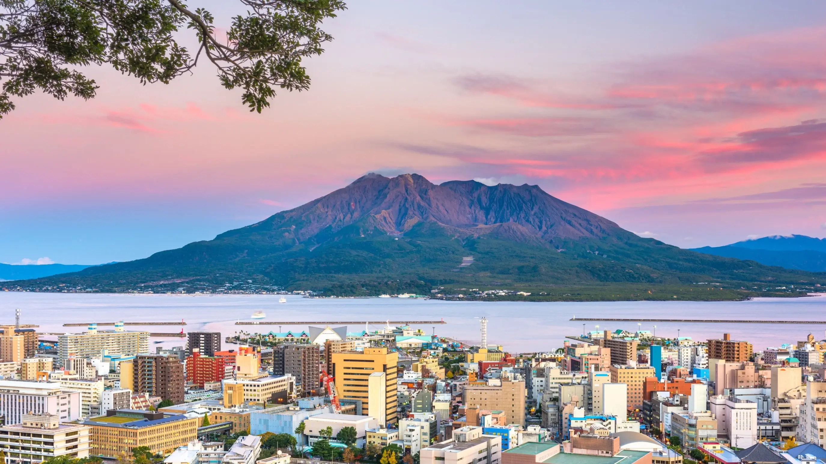 Kagoshima city skyline with the sea and Sakurajima Volcano in the background and a pink sunset. Image credit: stock.adobe.com