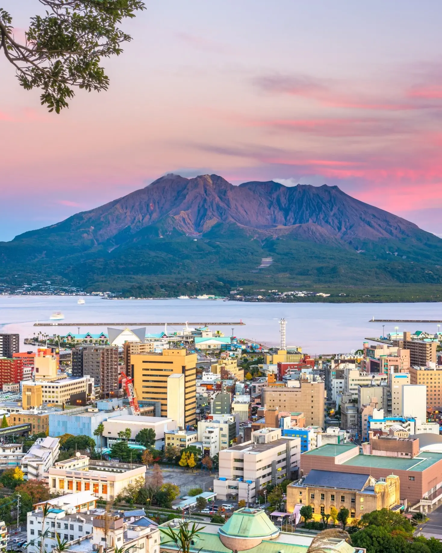 Kagoshima city skyline with the sea and Sakurajima Volcano in the background and a pink sunset. Image credit: stock.adobe.com