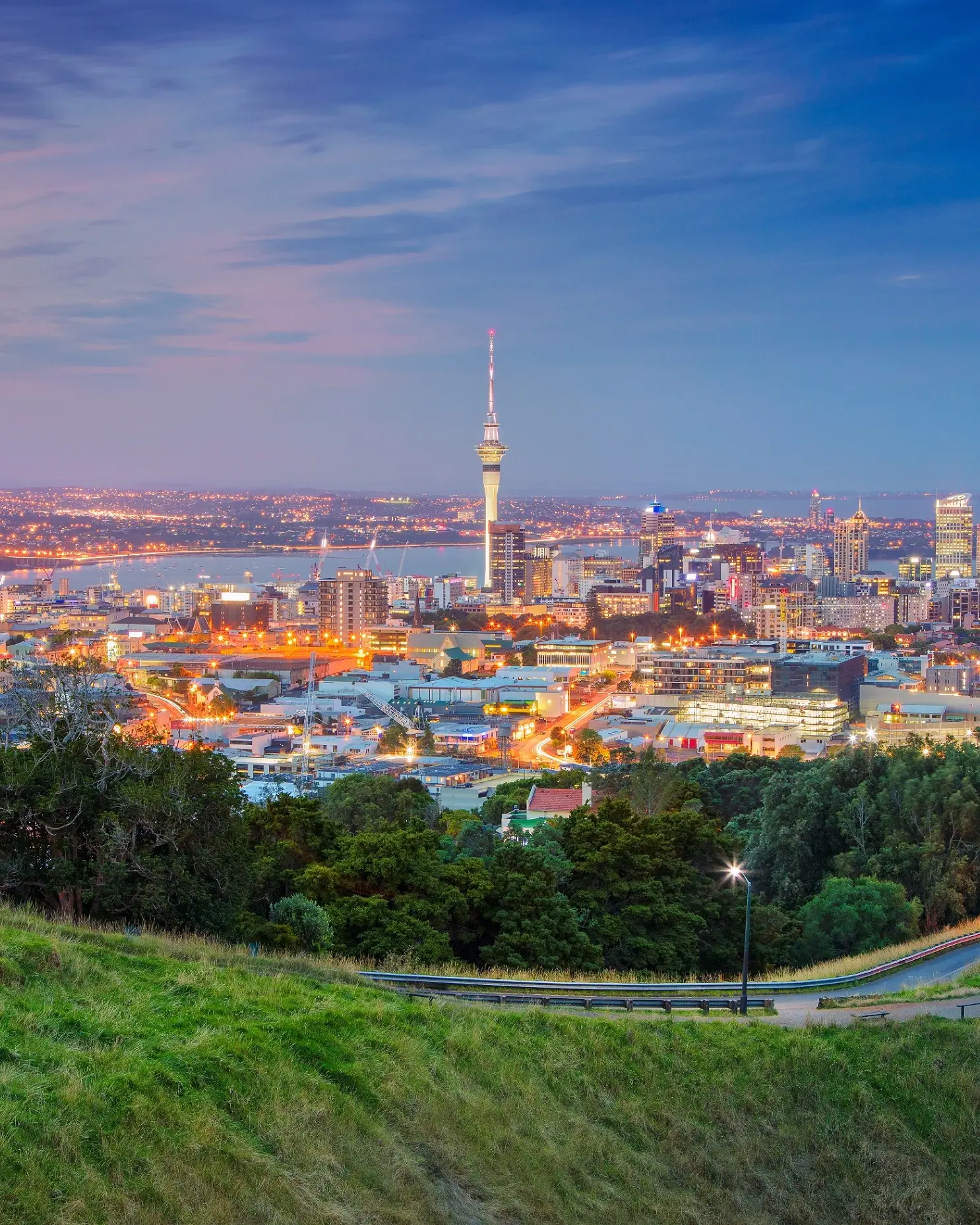 The twinkling Auckland city skyline, as viewed from Mt Eden at sunset. Image credit: stock.adobe.com