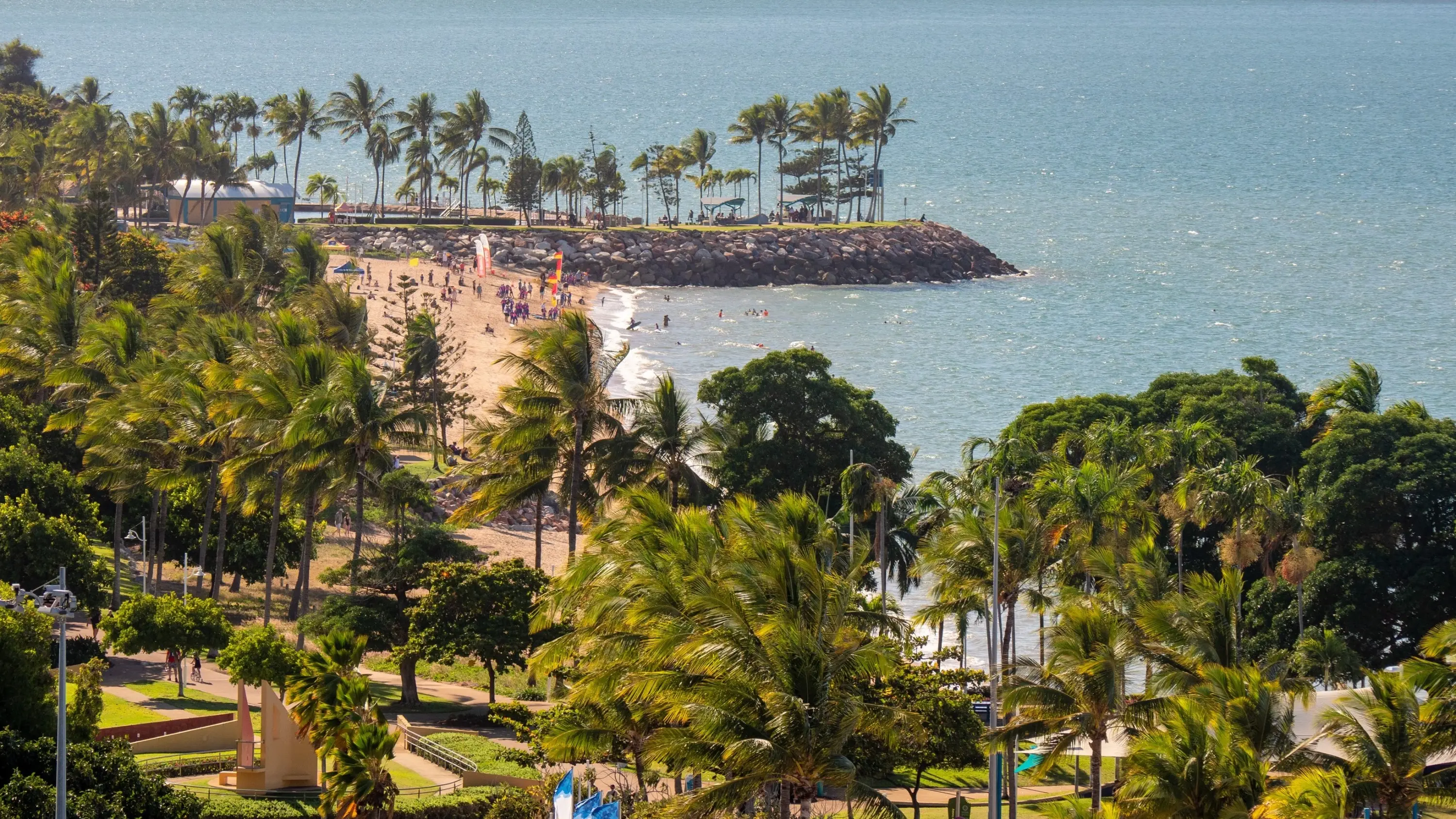 Aerial shot of palm lined waterfront and beach. Image credit: Tourism and Events Queensland
