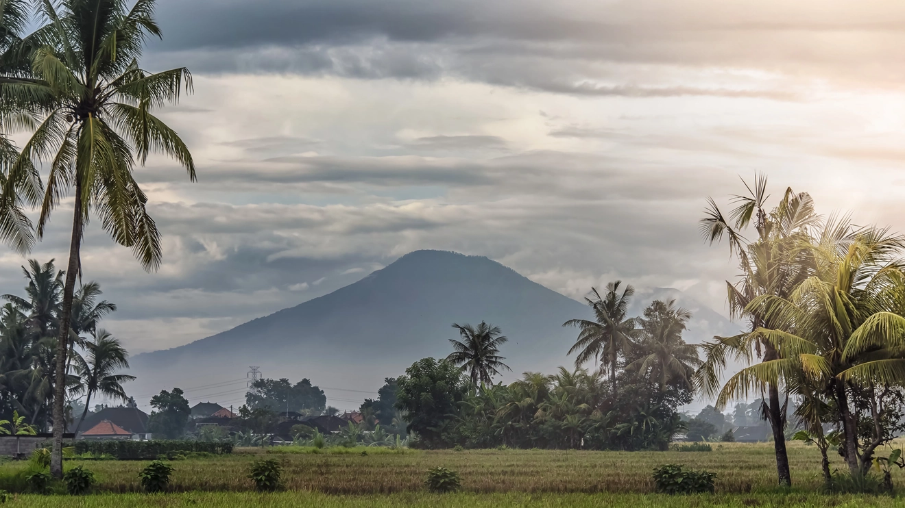 Bali’s most famous volcano, Gunung Agung, with rice fields and palm trees in the foreground, Bali, Indonesia. Image credit: stock.adobe.com
