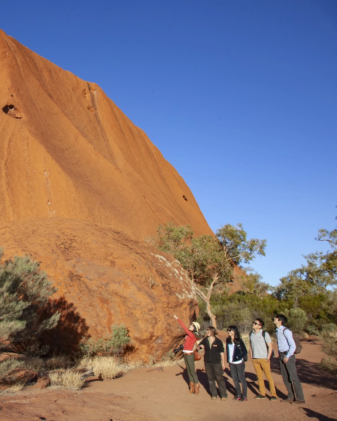 Group of people walking the Uluru Base Walk on a sunny, blue-sky day. Image credit: Tourism NT