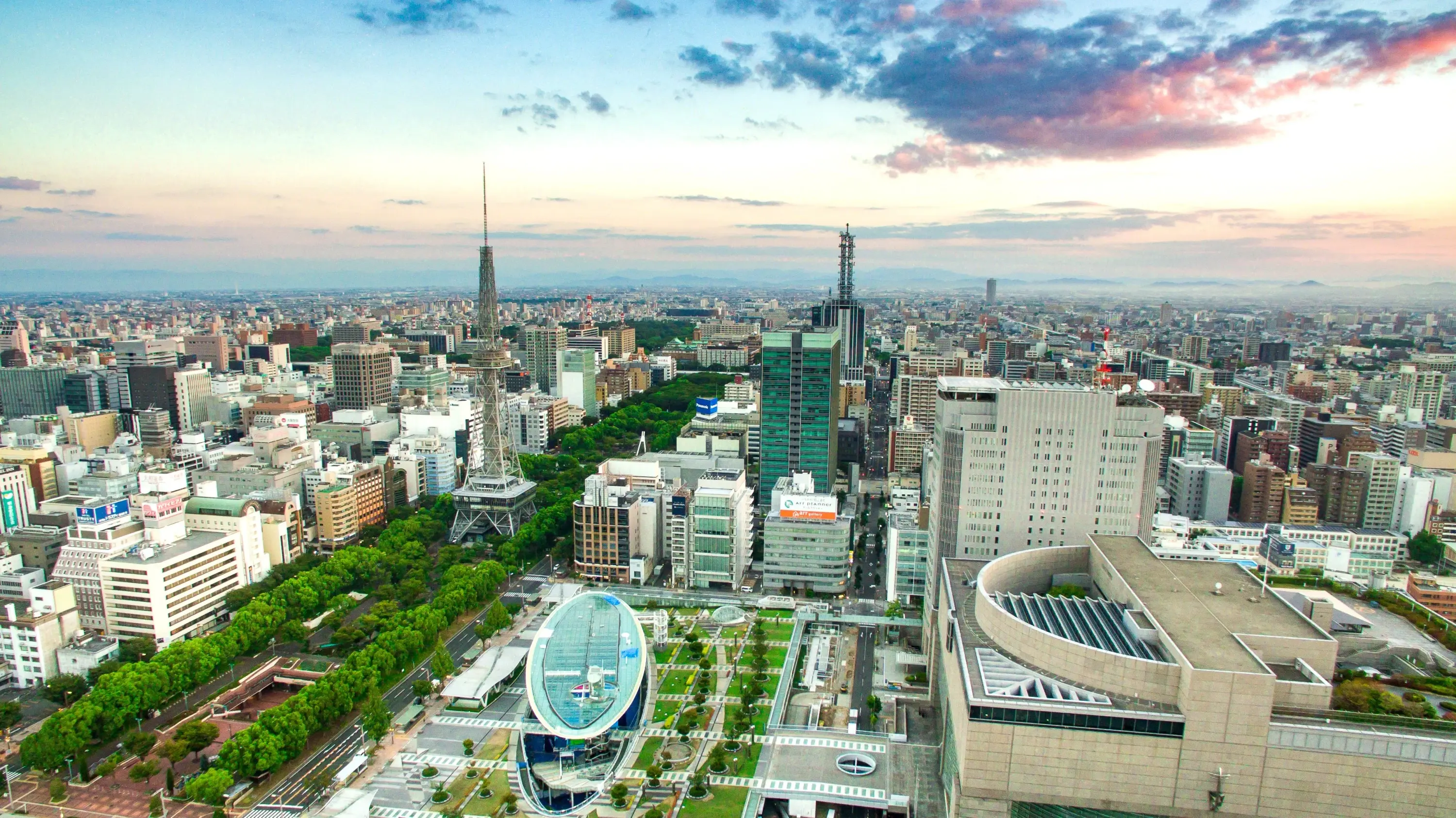 Aerial view of Nagoya city skyline at sunrise, Japan. Image credit: stock.adobe.com