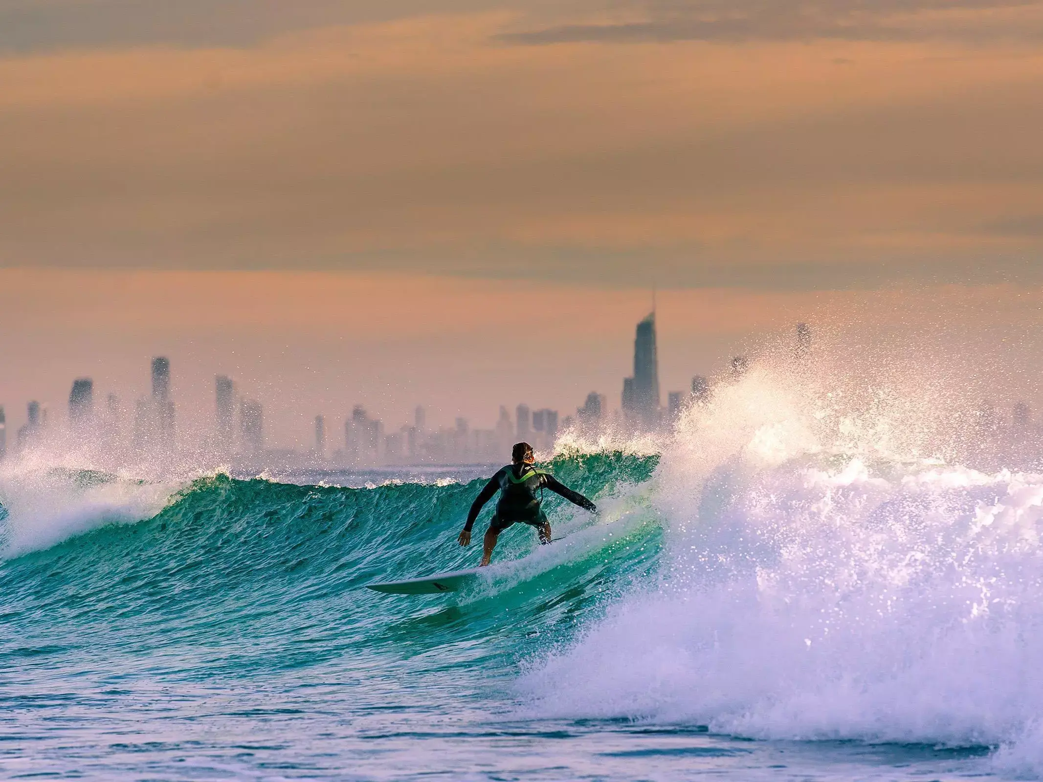 A surfer rides a wave with a skyline of Surfers Paradise hotels behind it. Image credit: Shutterstock