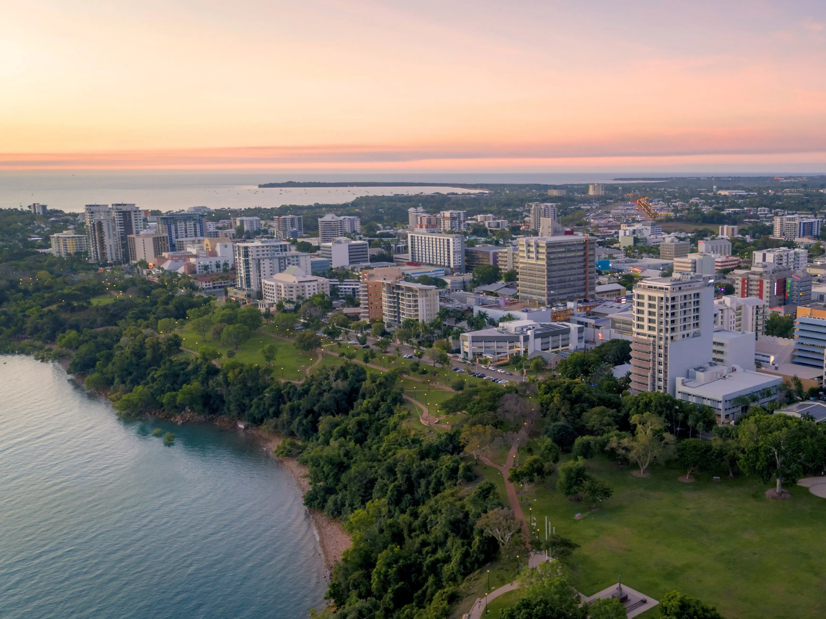 Aerial view of Darwin CBD and esplanade at dusk. Image credit: Tourism NT