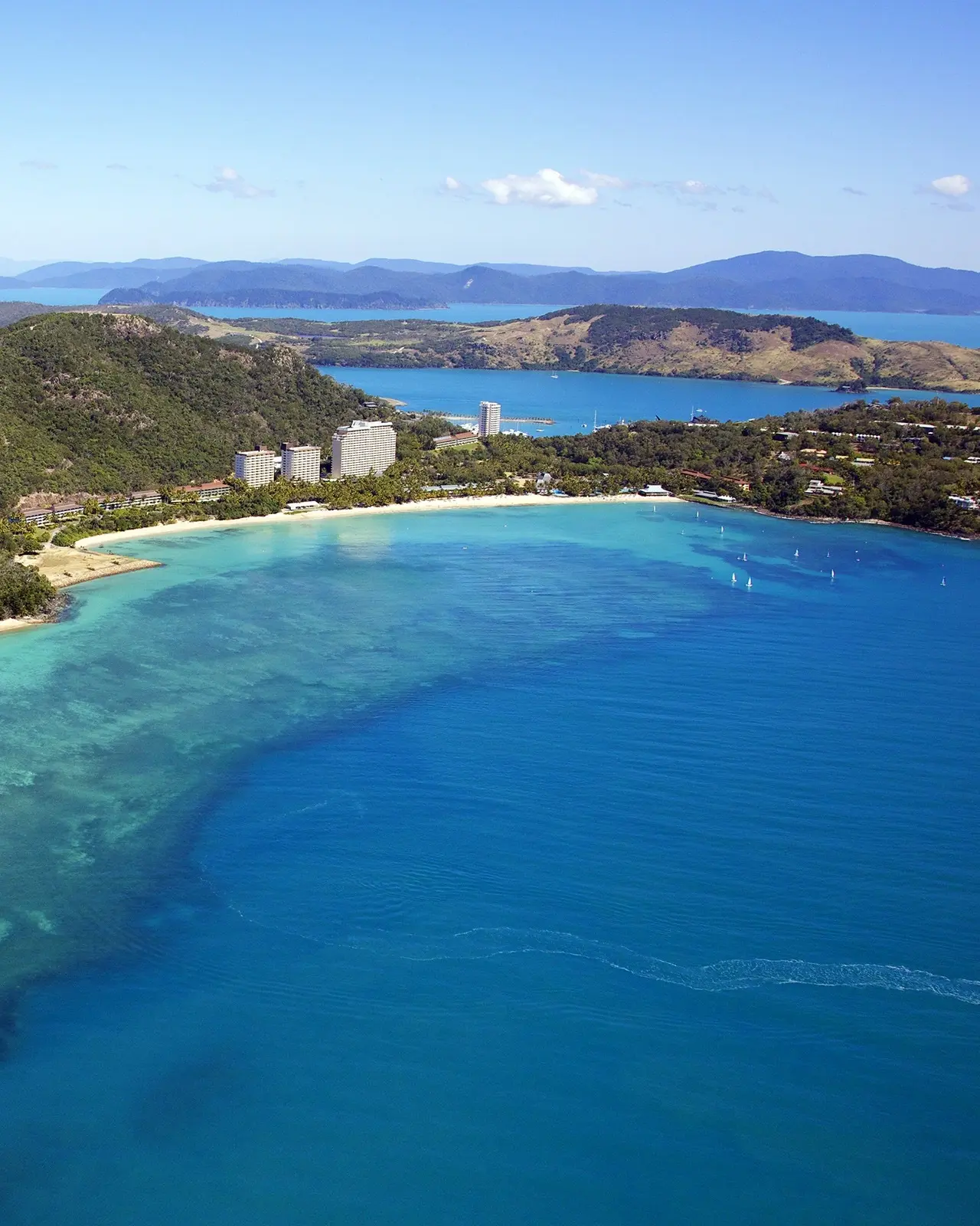 Aerial shot of foliage-covered Hamilton Island fringed with beaches and resorts, surrounded by bright blue water. Image credit: Shutterstock