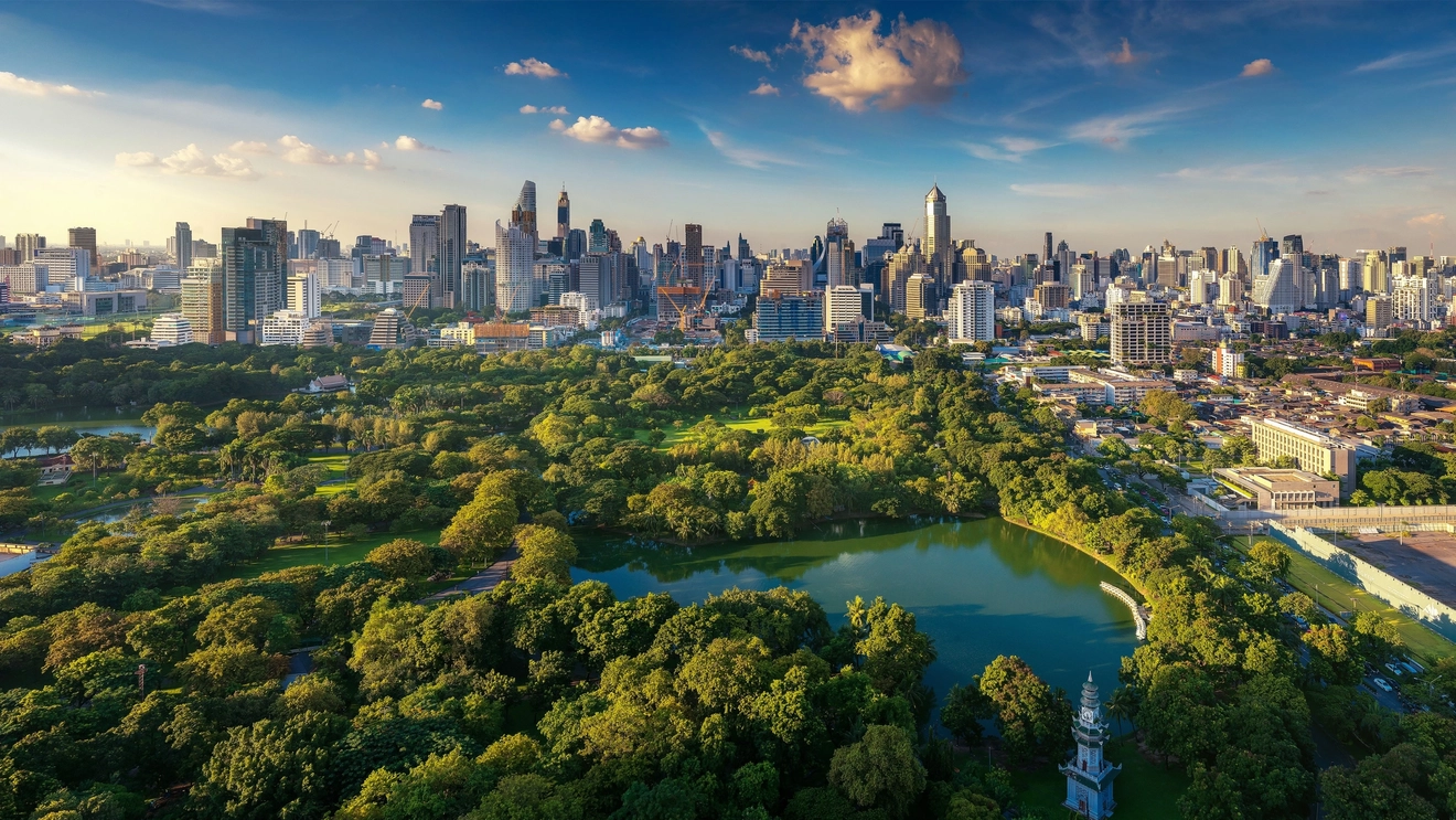 Aerial view of Lumphini Park and city skyline, Bangkok, Thailand. Image credit: stock.adobe.com