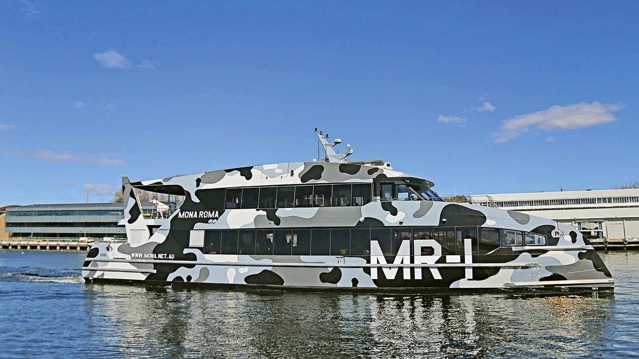 The camouflaged ferry ride to MONA in Hobart, Tasmania.