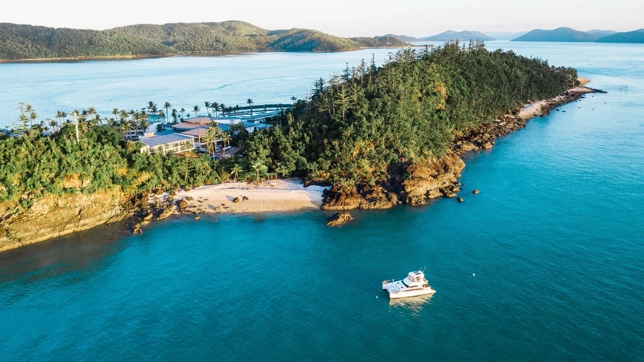 An aerial view of Daydream Island resort in the Whitsundays