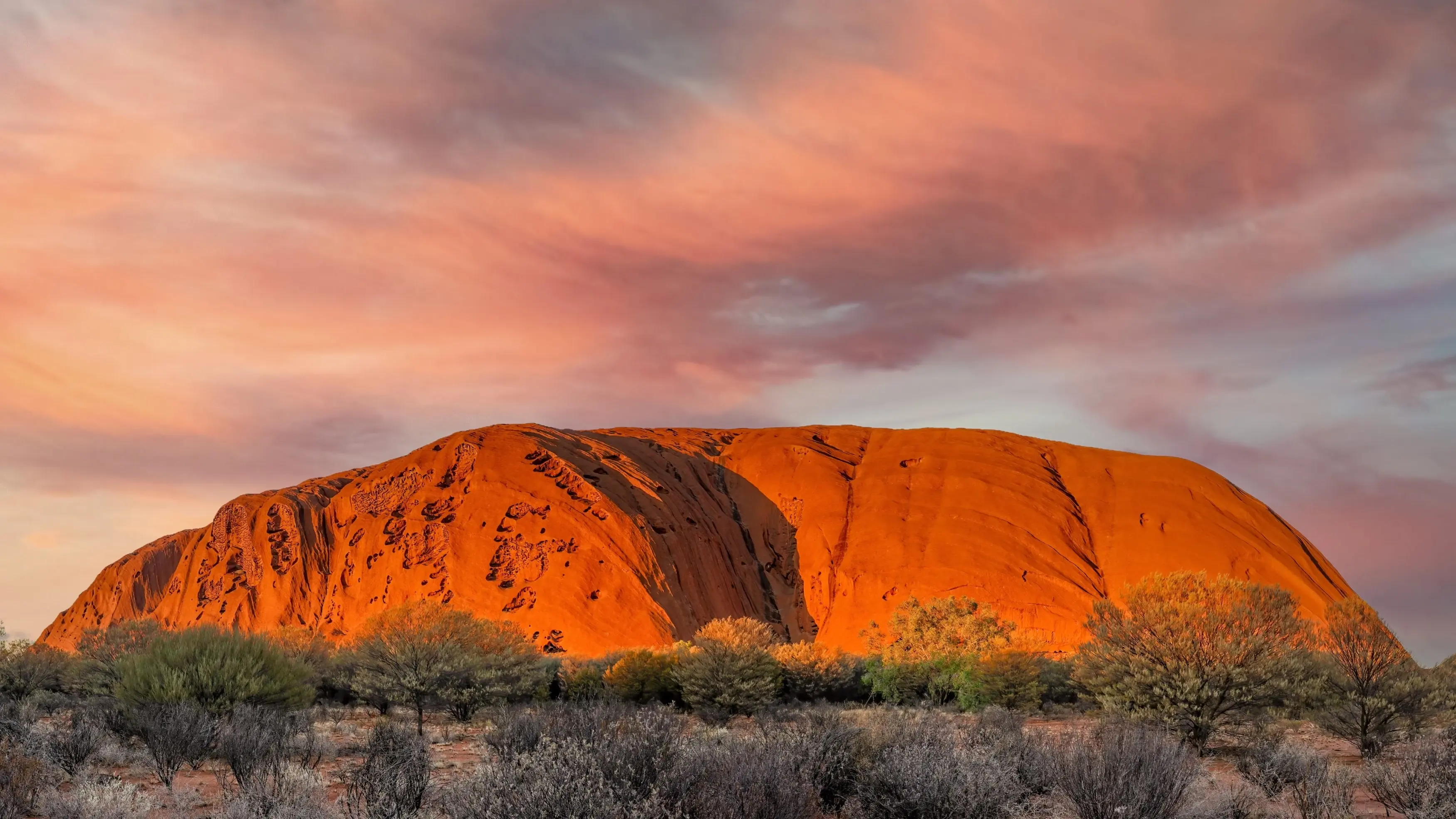 Uluru at sunset, with pink clouds in the background, as viewed from the public viewing and photography area. Image credit: Nick Brundle/stock.adobe.com