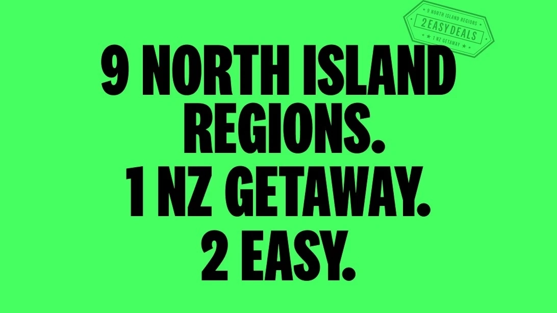 2Easy2Book banner with black text on bright-green background: '9 North Island regions. 1 NZ Getaway. 2 Easy.'