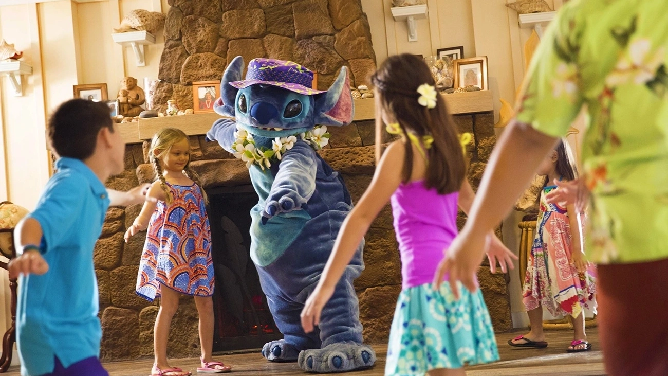 Kids dance with Stitch from 'Lilo and Stitch' at the Aulani resort.