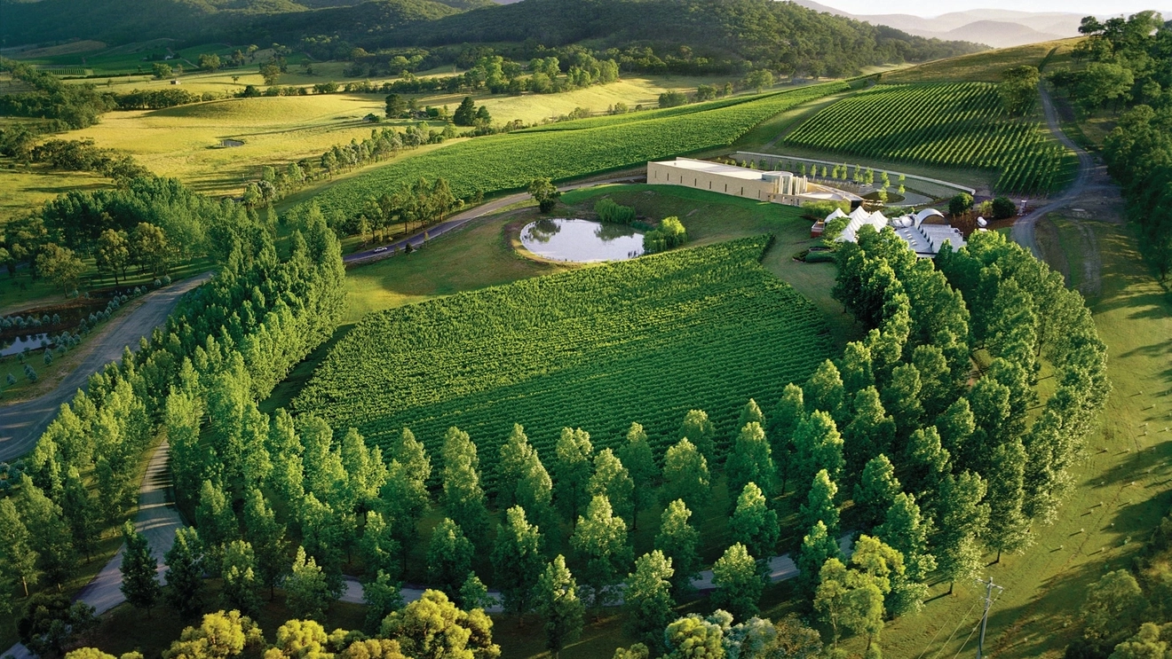 Aerial view of TarraWarra Estate winery in the Yarra Valley, Victoria. Image credit: Visit Victoria