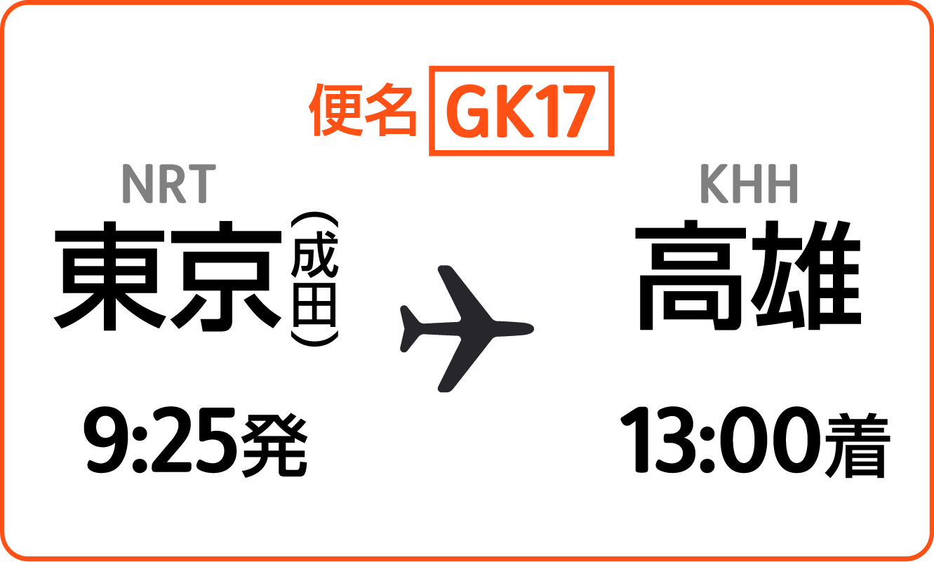 成田→高雄　便名：GK17 定刻：9:25発 12:55着