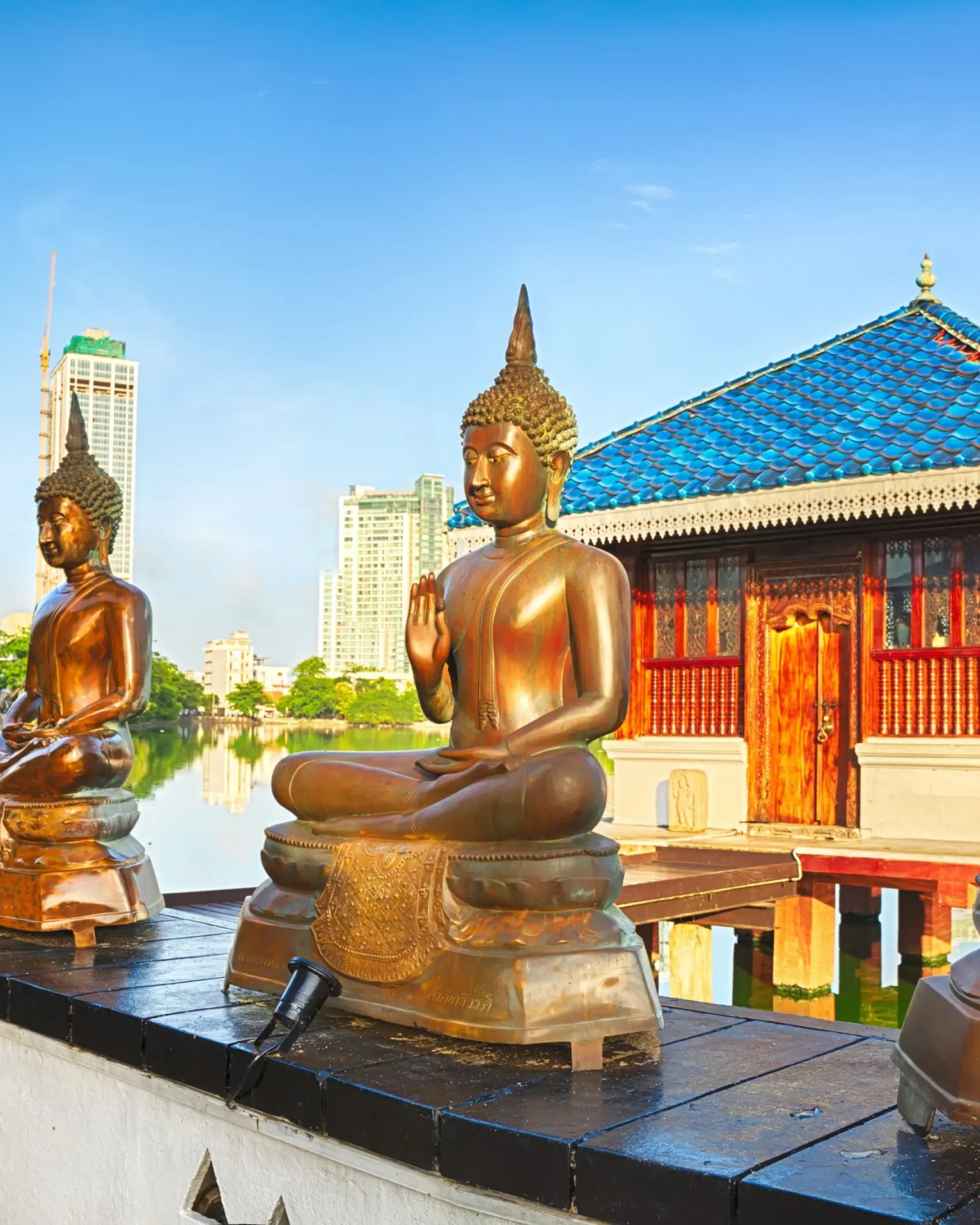 Row of Buddha statues at the entrance of Seema Malaka temple, with Beira Lake and Colombo skyline in the background. Image credit: stock.adobe.com