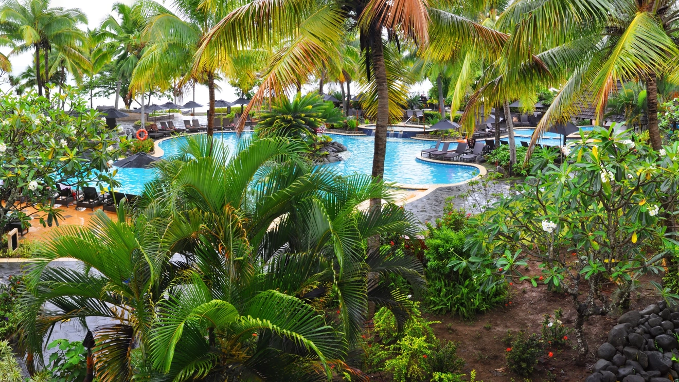 Curved pool surrounded by gardens and palms at a resort, Denarau Island, Fiji. Image credit: stock.adobe.com