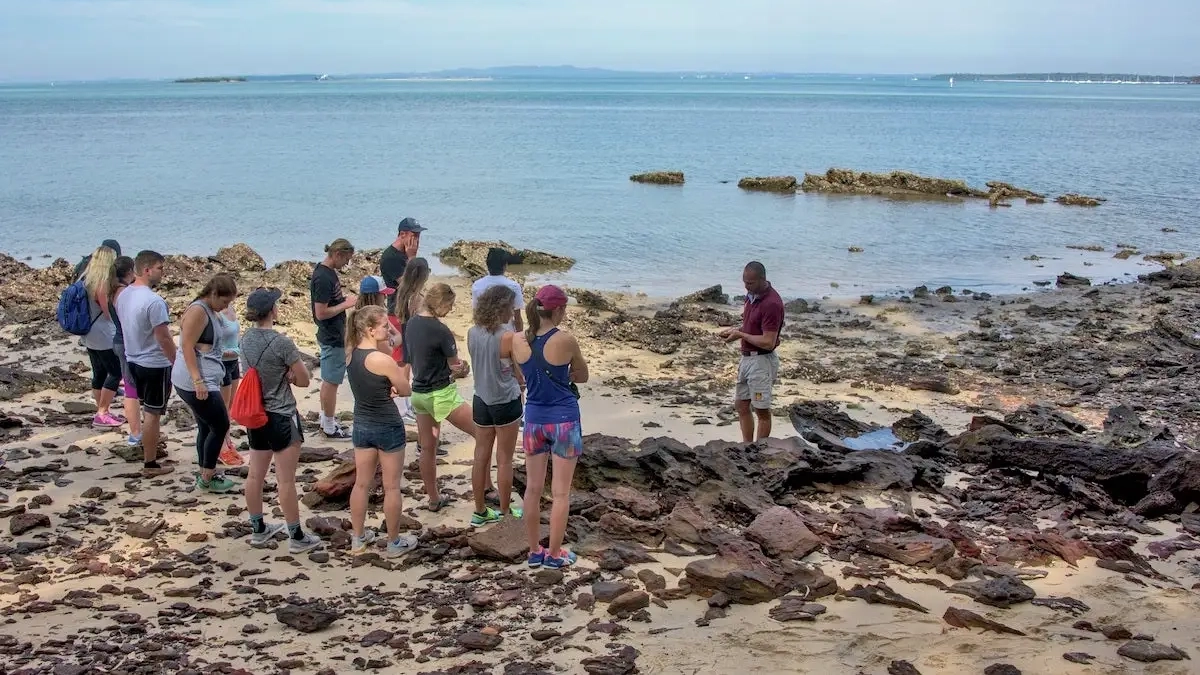 Tour group learning about Quandamooka culture on the foreshore at Stradbroke Island