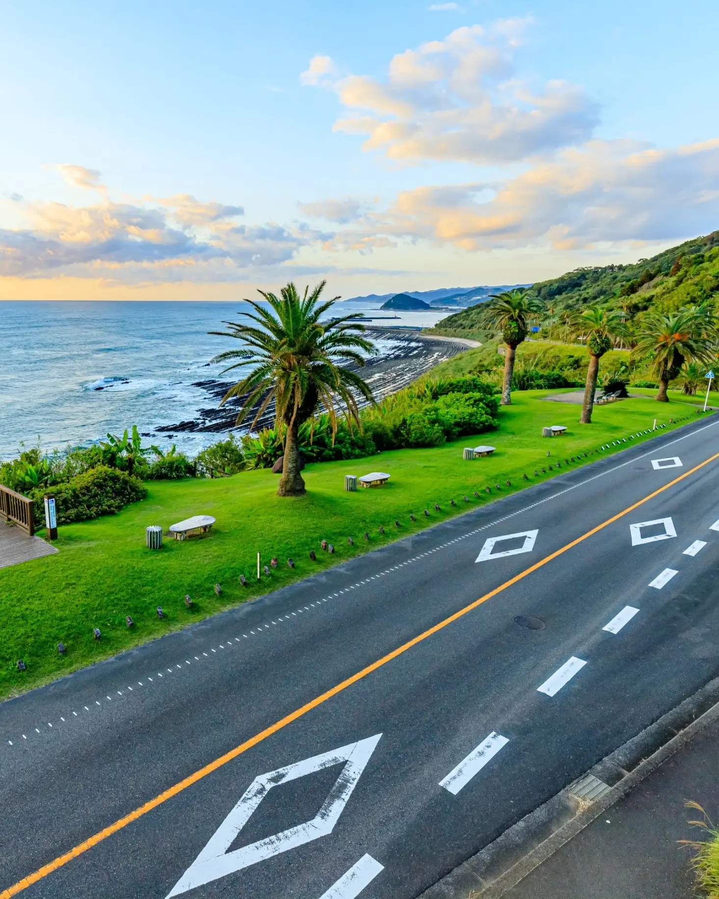 Nichinan coastline at sunrise, with road, palm trees and grass in the foreground and ocean, coast and hills in the background, as seen from Phoenix, Miyazaki. Image credit: stock.adobe.com