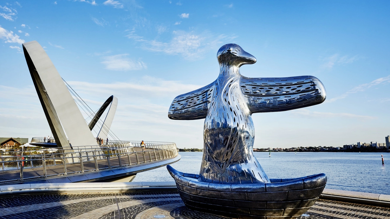 ‘First Contact’ by Laurel Nannup - in the form of a giant silver bird - welcomes visitors to Elizabeth Quay. Image: Tourism Western Australia.