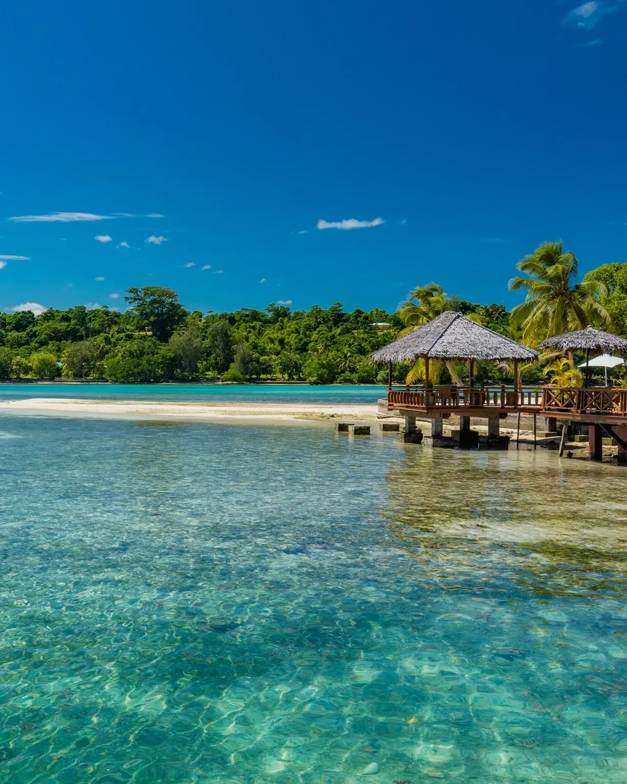 Thatched shacks over calm turquoise water, with palm trees and a sandbar in the background, Erakor Island, Efate, Vanuatu. Image credit: stock.adobe.com