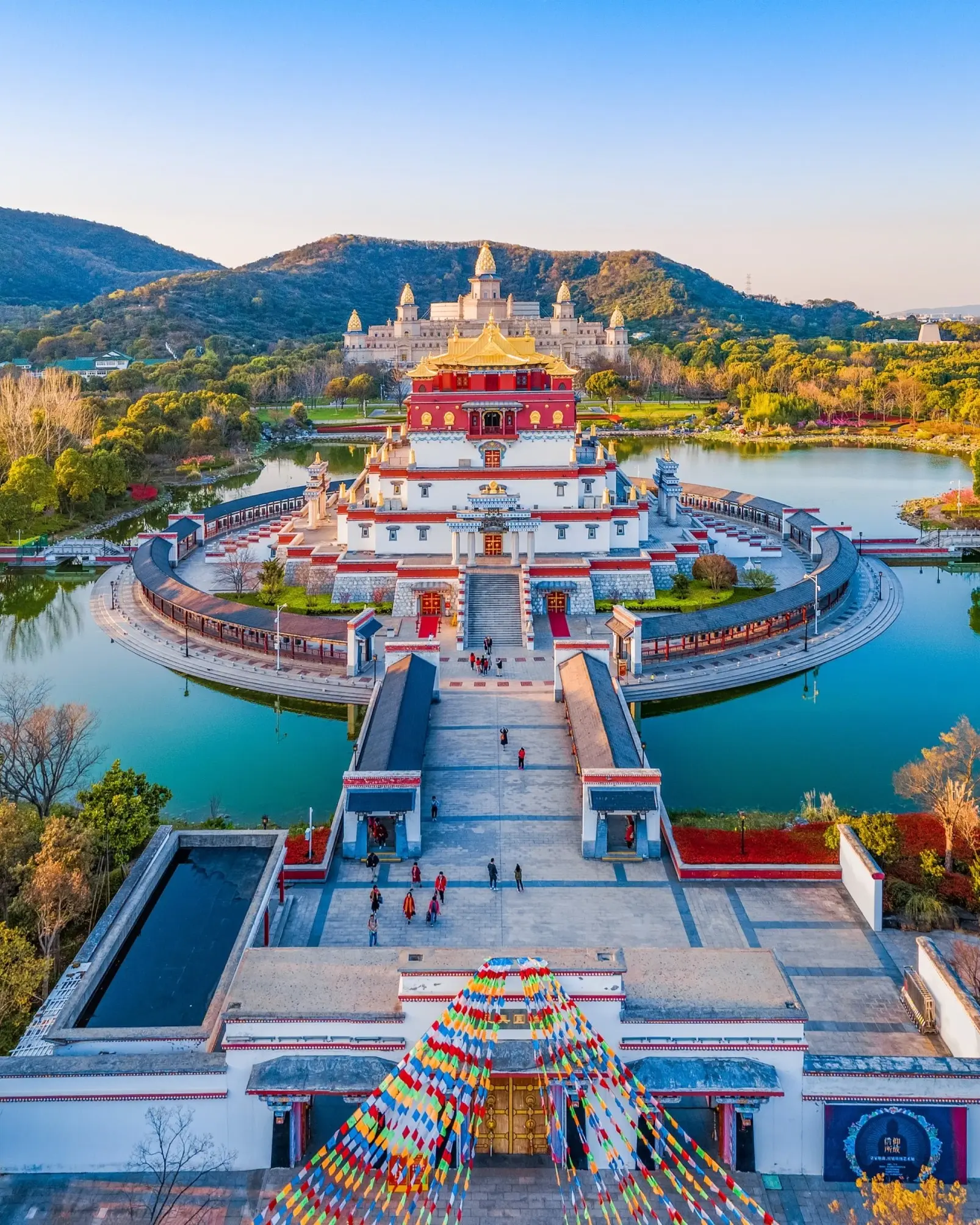 Aerial view of Lingshan Grand Buddha precinct surrounded by water at Wuxi, China. Image credit: stock.adobe.com