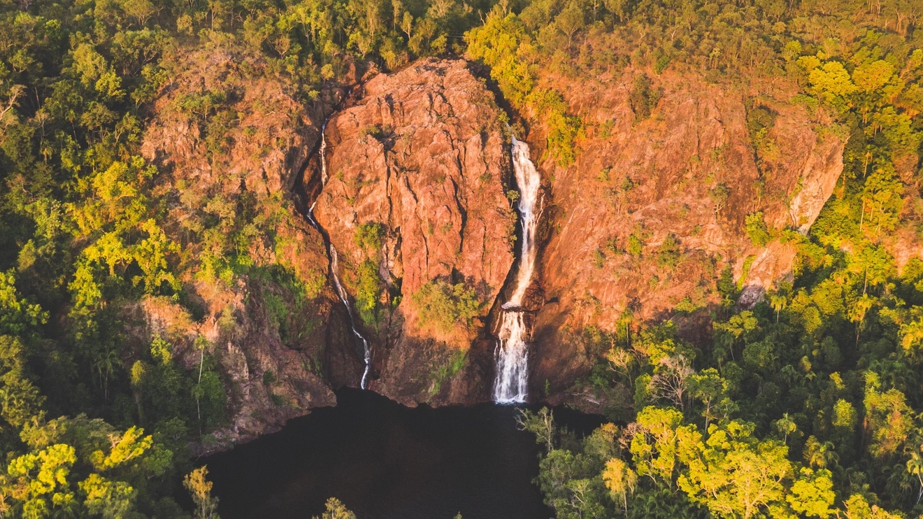 Aerial view of Wangi Falls in Litchfield National Park, Northern Territory. Image credit: Tourism NT/Dan Moore