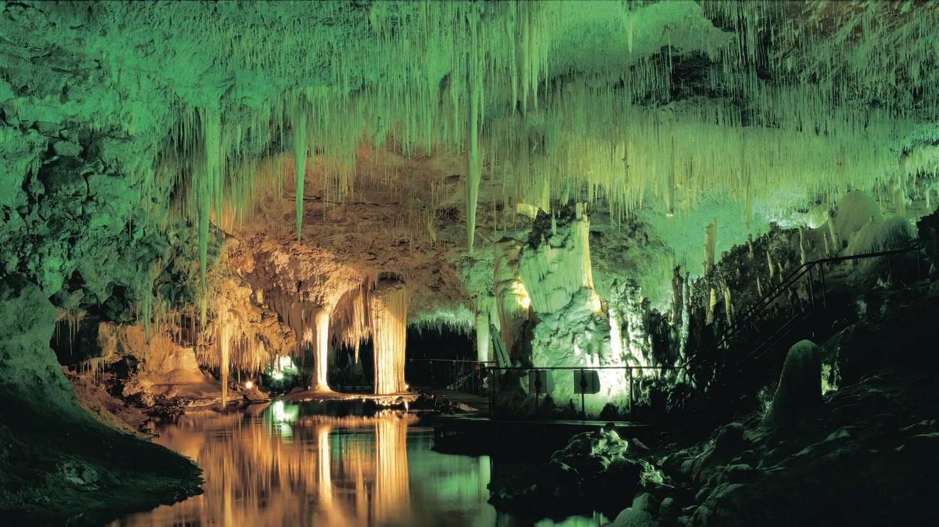 Lake Cave, Margaret River, with mood lighting adding to the magic! Image credit: Tourism Western Australia