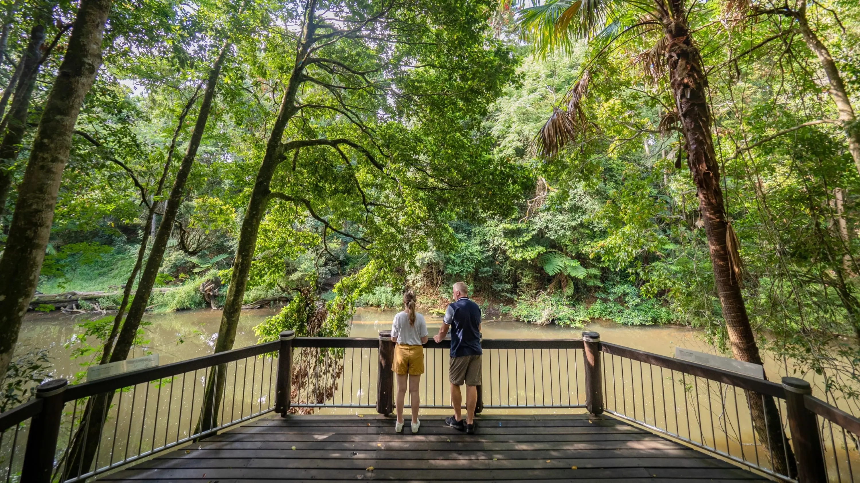 Back view of a couple looking out onto a river from a platypus viewing platform. Image credit: Tourism and Events Queensland