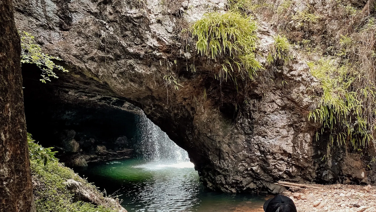 Two people on a boardwalk looking at the Natural Bridge in Springbrook National Park. Image credit: Tourism and Events Queensland