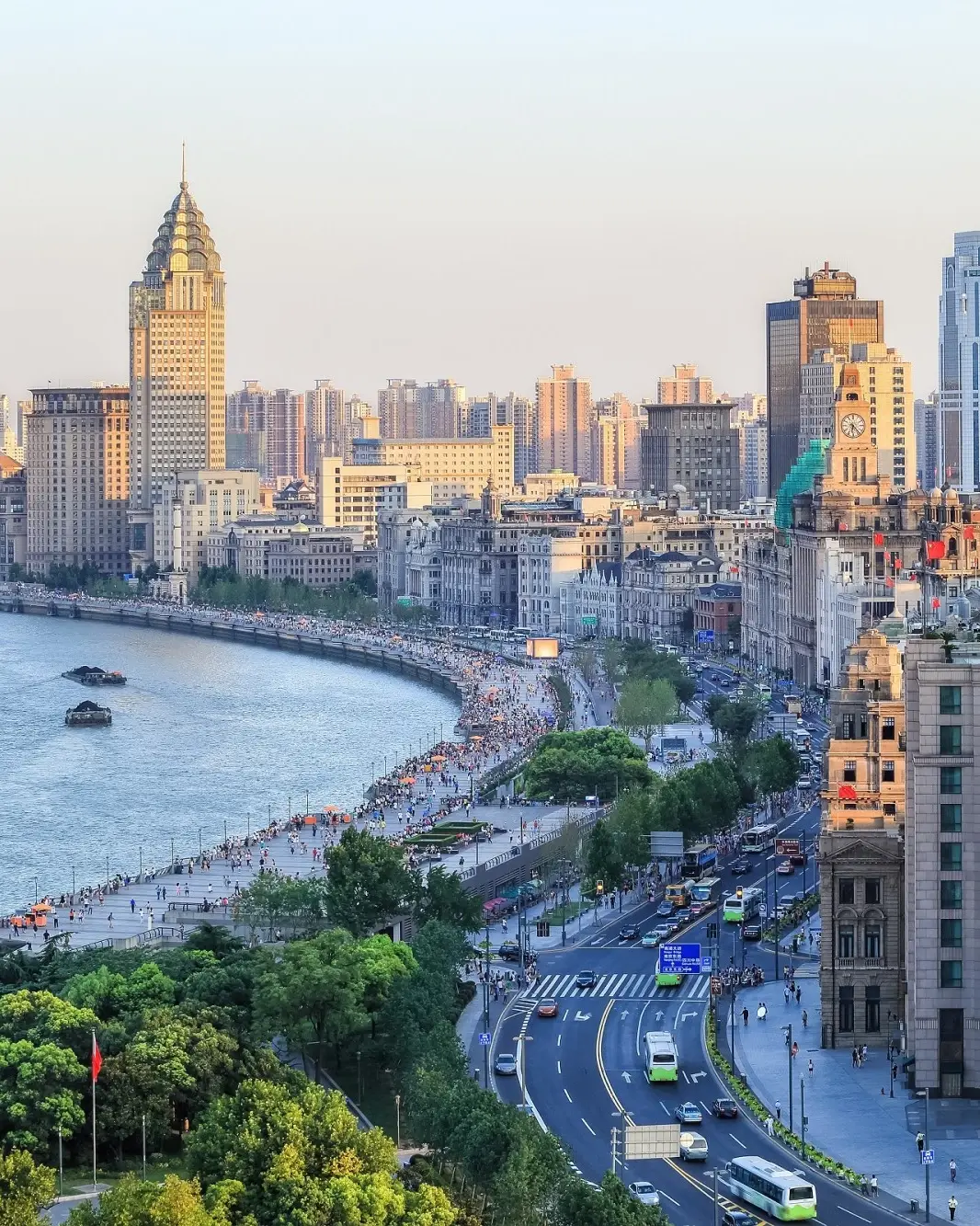 Shanghai city skyline at dusk, looking down at the Bund. Image credit: stock.adobe.com