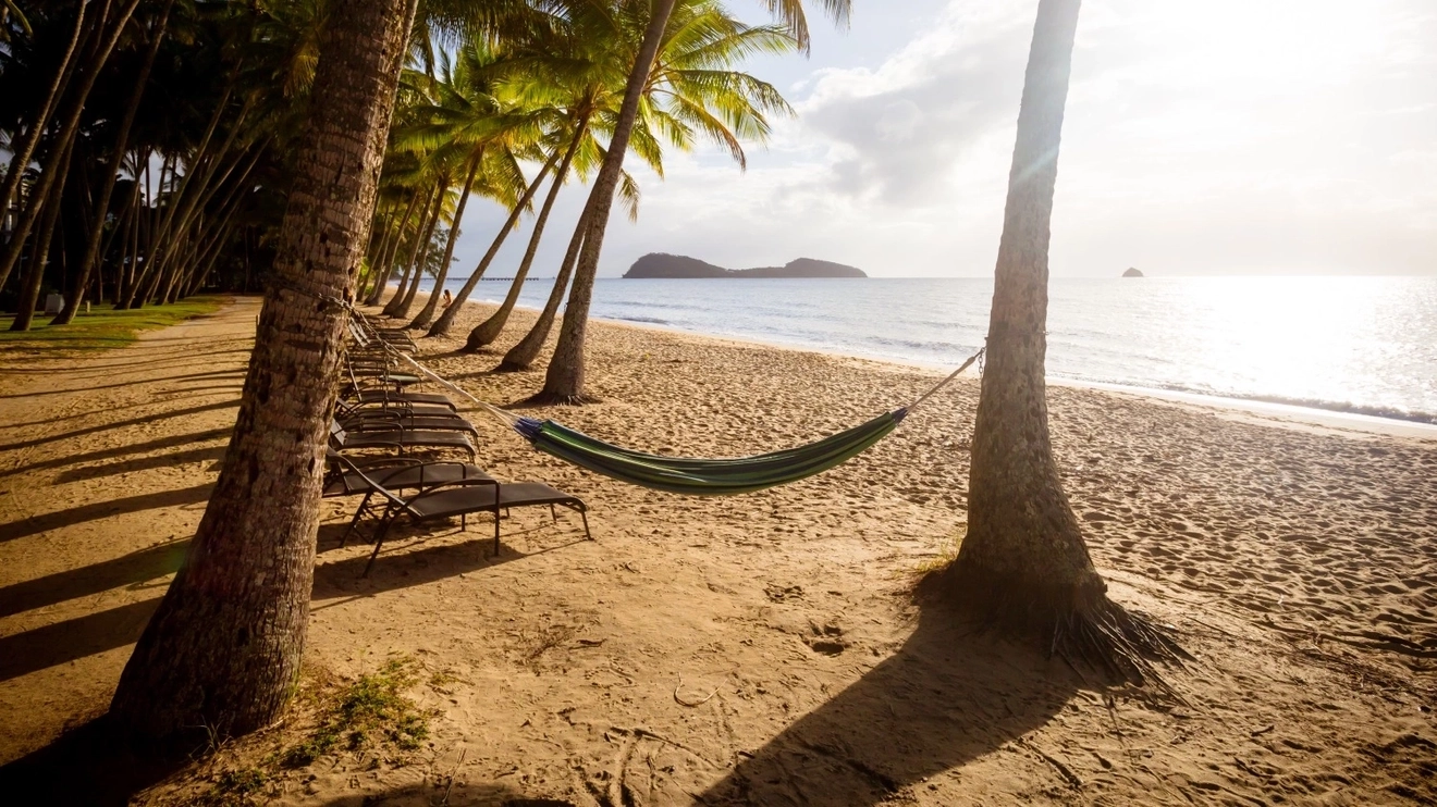 A sandy beach and silver sea with a hammock tied to two palm trees at Palm Cove, Tropical North Queensland. Image credit: Shutterstock