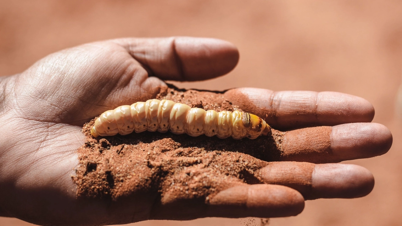 Close up of someone holding a witchetty grub in the palm of their hand. Image credit: Tourism NT/Jordan Hammond