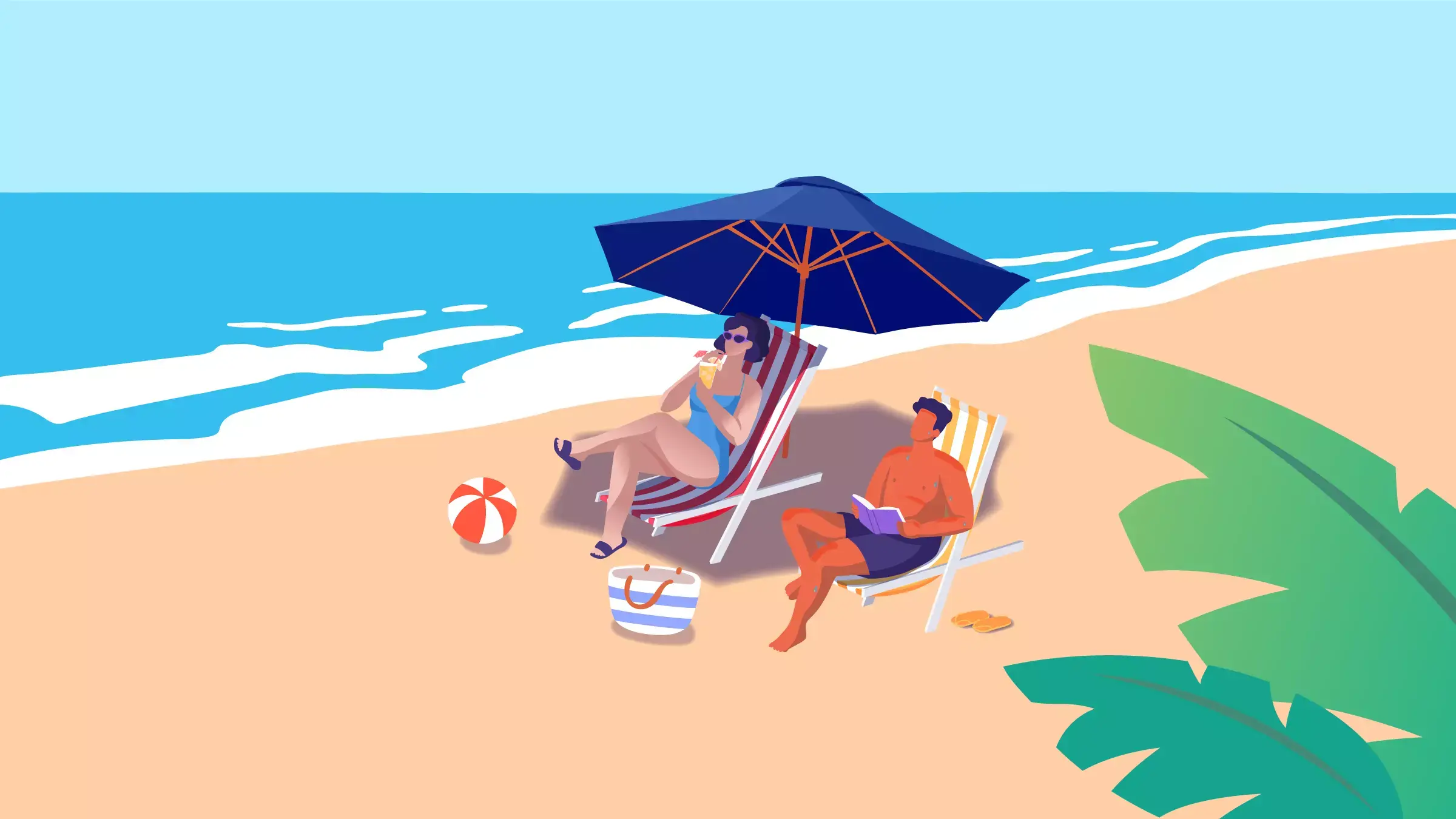 Cartoon-style illustration of a woman and a very tanned man lounging on beach chairs by the ocean
&nbsp;
&nbsp;