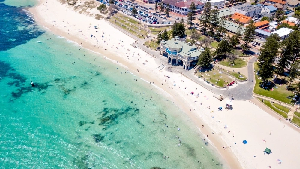 Aerial photograph over a busy Cottesloe Beach, Perth. 