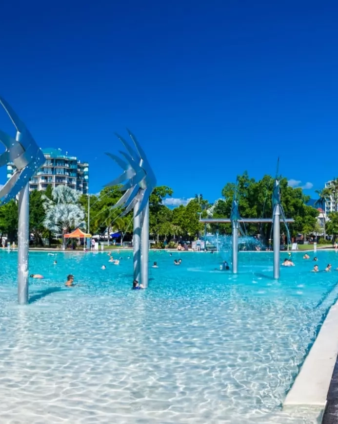 Cairns Esplanade with swimming lagoon and ocean, Tropical North Queensland.